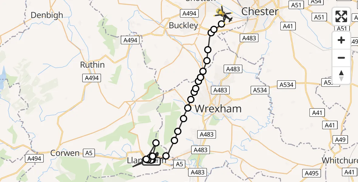Flight route Police Helicopter Llangollen - Saltney Ferry, 20 June 2026, 23:58