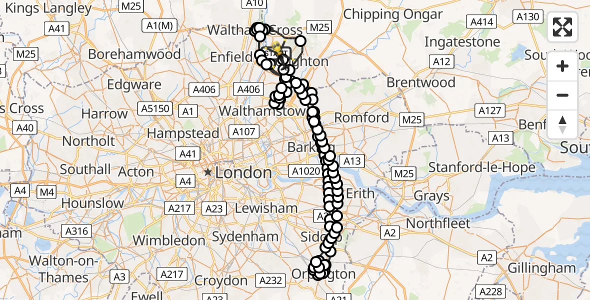 Flight route Police Helicopter Sewardstonebury - Metropolitan Police Air Support Unit Lippitts Hill, 21 June 2026, 00:18