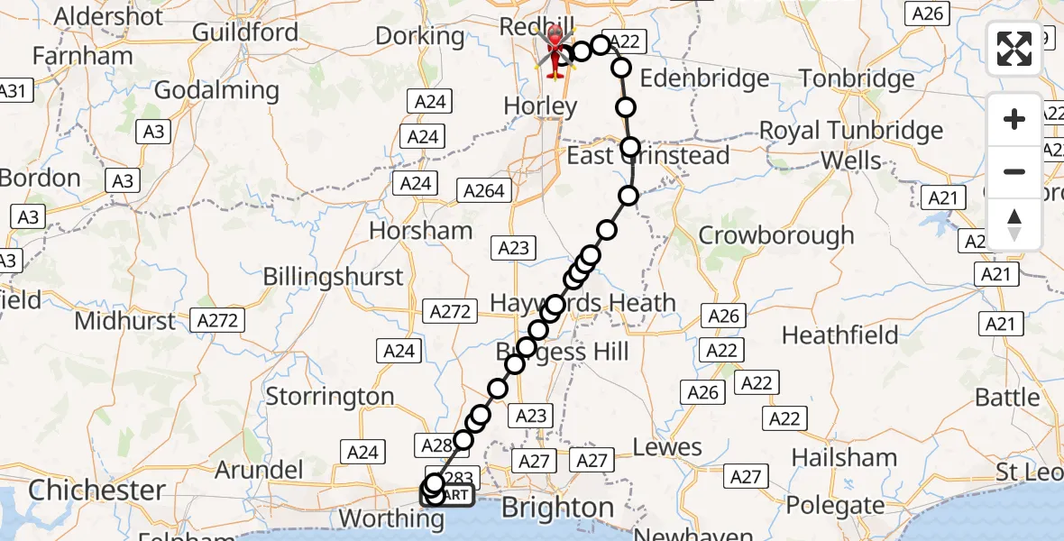 Flight route Air Ambulance Helicopter Brighton City Airport - Redhill Aerodrome, 21 June 2026, 00:40