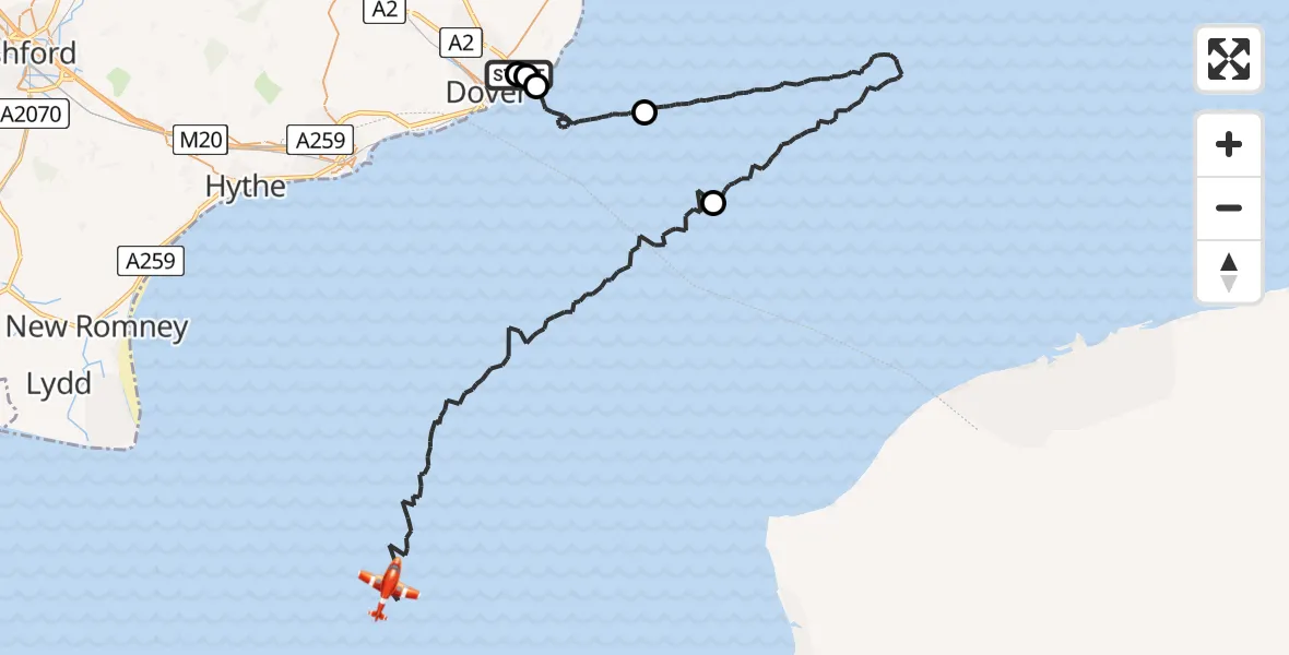 Flight route Coastguard Drone Langdon Battery Heliport - English Channel, 21 June 2026, 01:55
