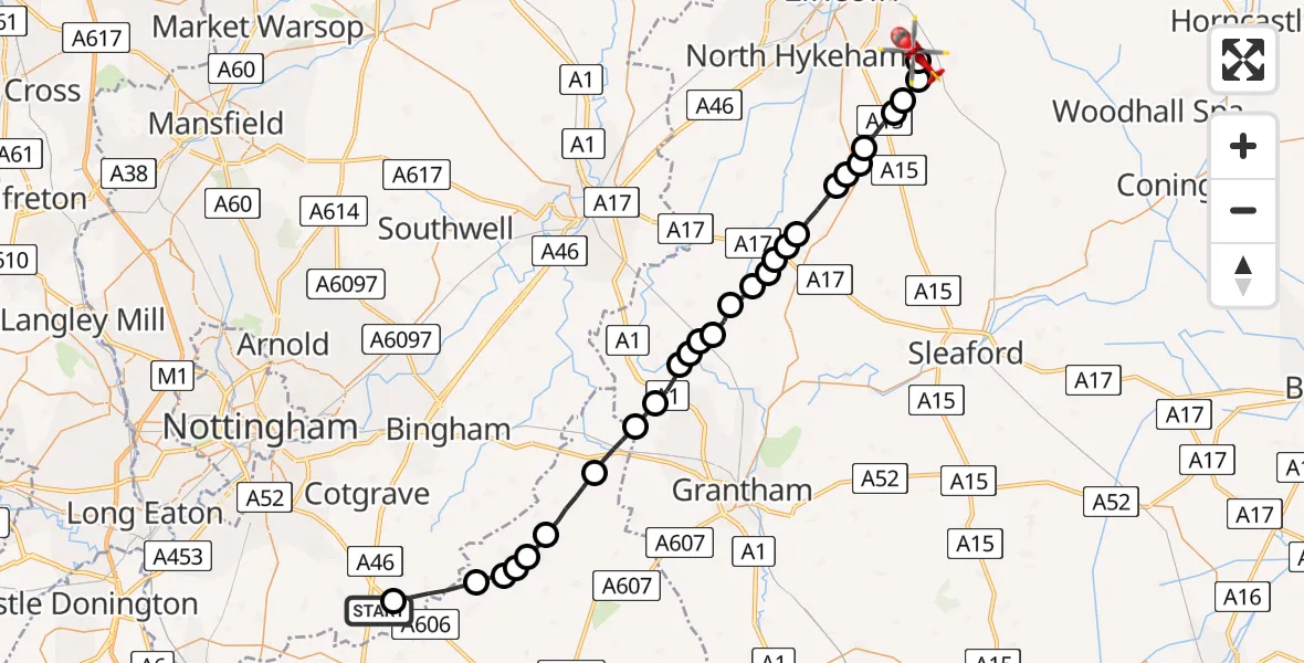Flight route Air Ambulance Helicopter Nottingham Heliport - Branston, 21 June 2026, 06:58