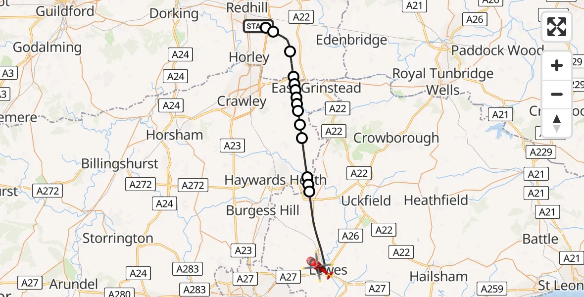 Flight route Air Ambulance Helicopter Redhill Aerodrome - Lewes, 21 June 2026, 07:09