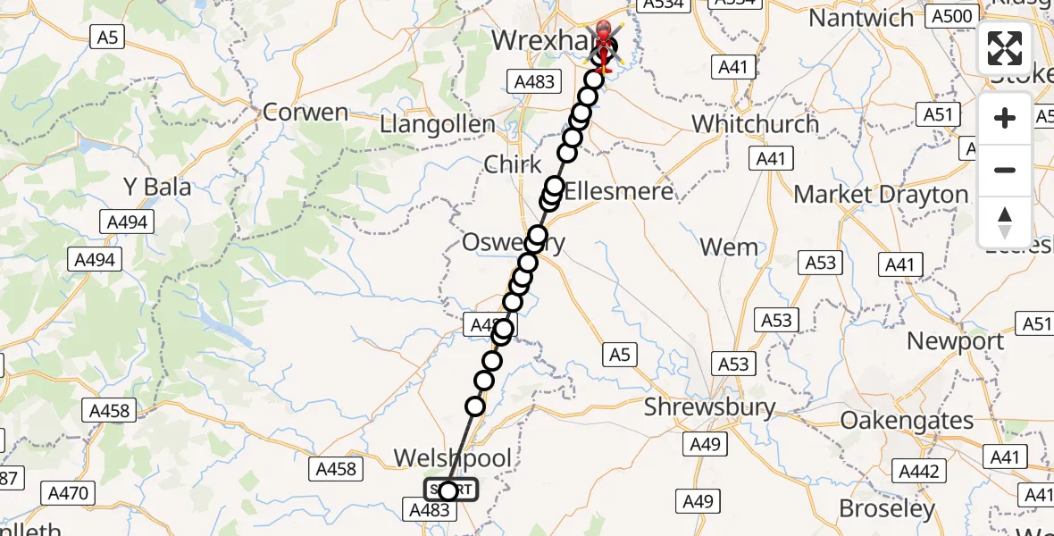 Flight route Air Ambulance Helicopter Welshpool Airport - Pentre Maelor, 21 June 2026, 07:43