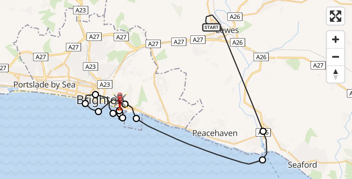 Flight route Air Ambulance Helicopter Lewes - Brighton, 21 June 2026, 08:02