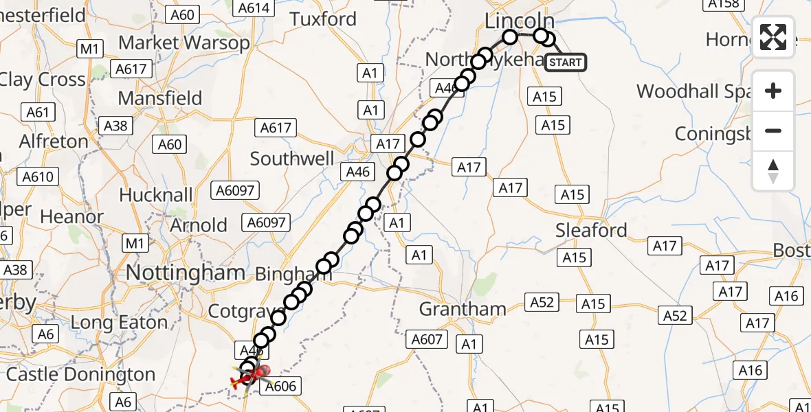 Flight route Air Ambulance Helicopter Branston - Nottingham Heliport, 21 June 2026, 08:10