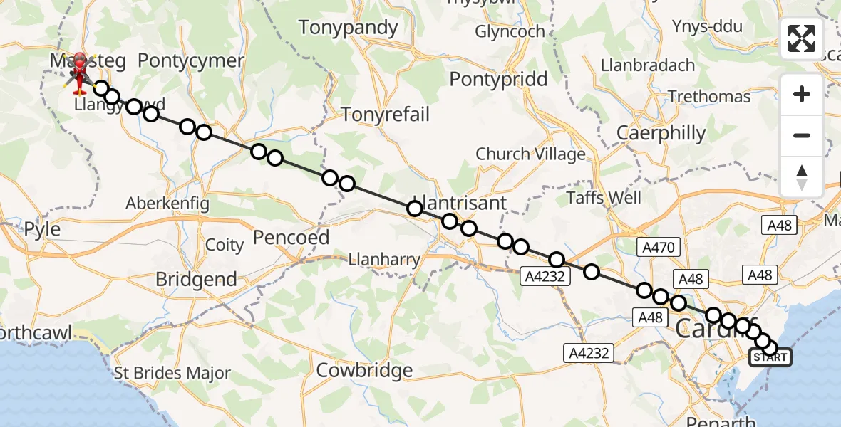 Flight route Air Ambulance Helicopter Cardiff Heliport - Maesteg, 21 June 2026, 08:26