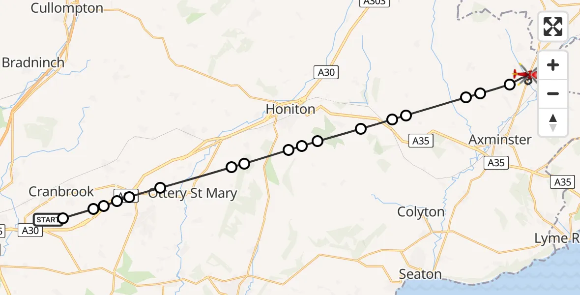 Flight route Air Ambulance Helicopter Exeter International Airport - Tytherleigh, 21 June 2026, 08:42