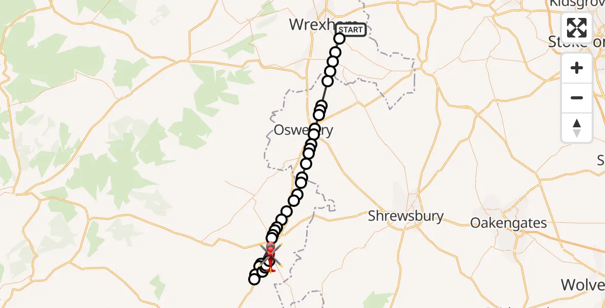 Flight route Air Ambulance Helicopter Pentre Maelor - Welshpool Airport, 21 June 2026, 08:47