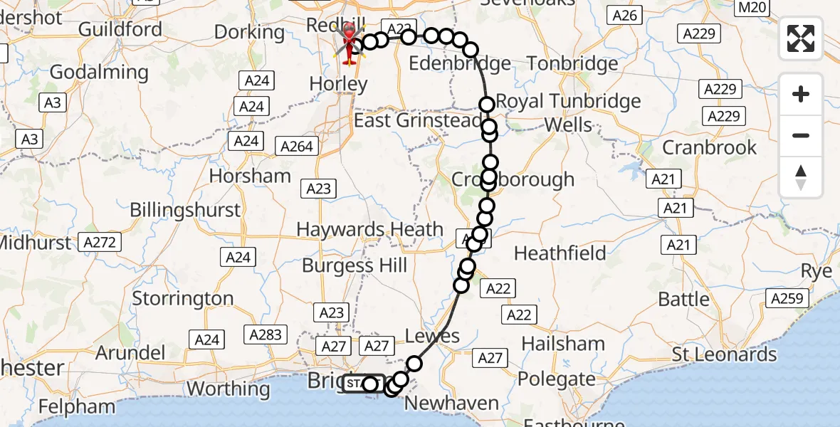 Flight route Air Ambulance Helicopter Brighton - Redhill Aerodrome, 21 June 2026, 08:51