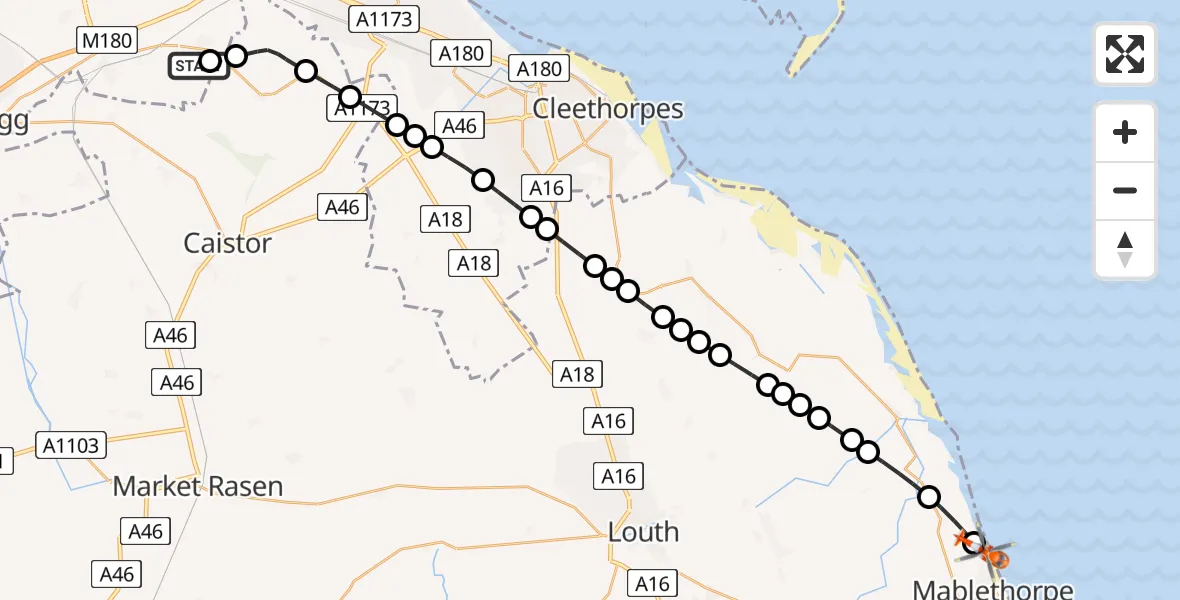 Flight route Coastguard Helicopter Humberside Airport - East Lindsey, 21 June 2026, 08:56