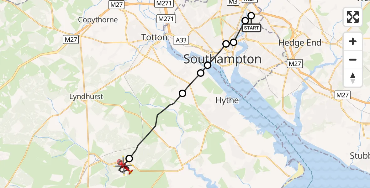 Flight route Air Ambulance Helicopter Midanbury - East Boldre, 21 June 2026, 09:25