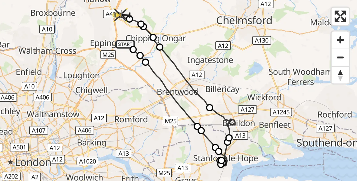 Flight route Police Helicopter Stapleford Tawney - North Weald Bassett, 21 June 2026, 09:34