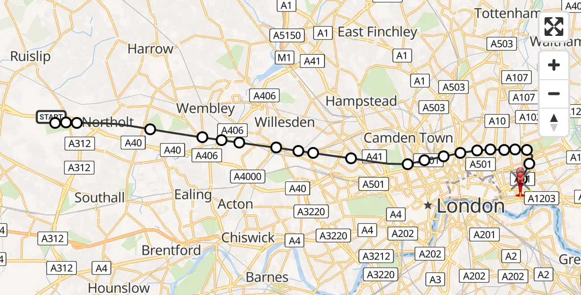 Flight route Air Ambulance Helicopter RAF Northolt - Royal London Hospital, 21 June 2026, 09:36