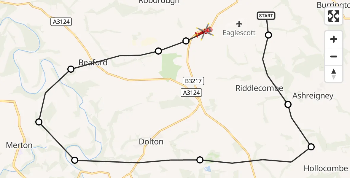 Flight route Air Ambulance Helicopter Burrington - Roborough, 21 June 2026, 09:47