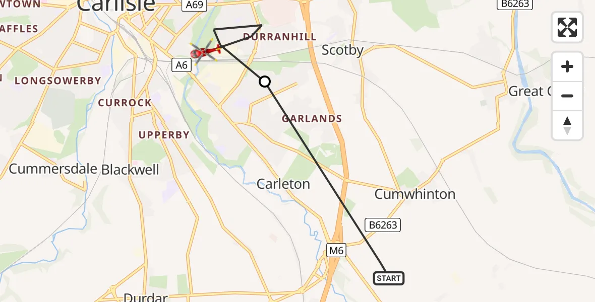 Flight route Air Ambulance Helicopter Carleton - Carlisle, 21 June 2026, 09:48