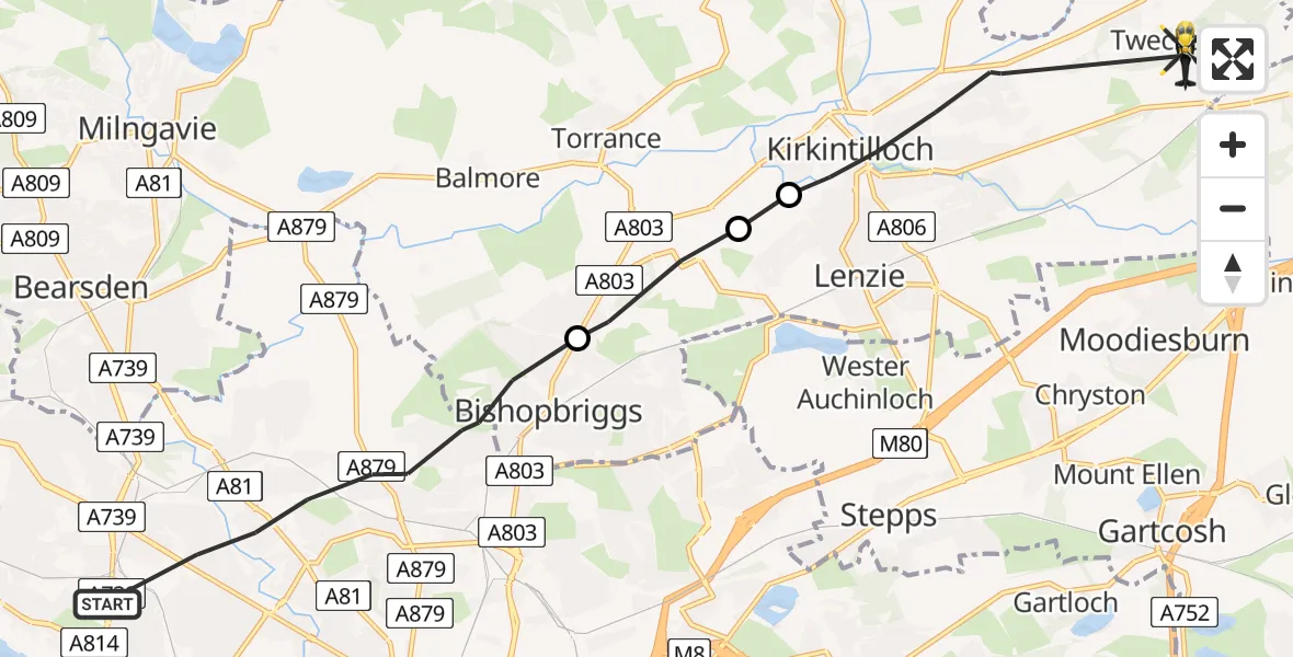 Flight route Police Helicopter Glasgow - Twechar, 21 June 2026, 09:50