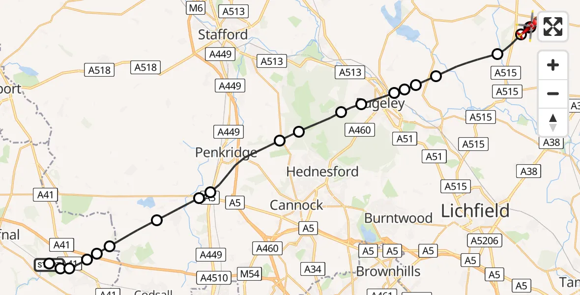 Flight route Air Ambulance Helicopter RAF Cosford - Tatenhill Airfield, 21 June 2026, 09:52