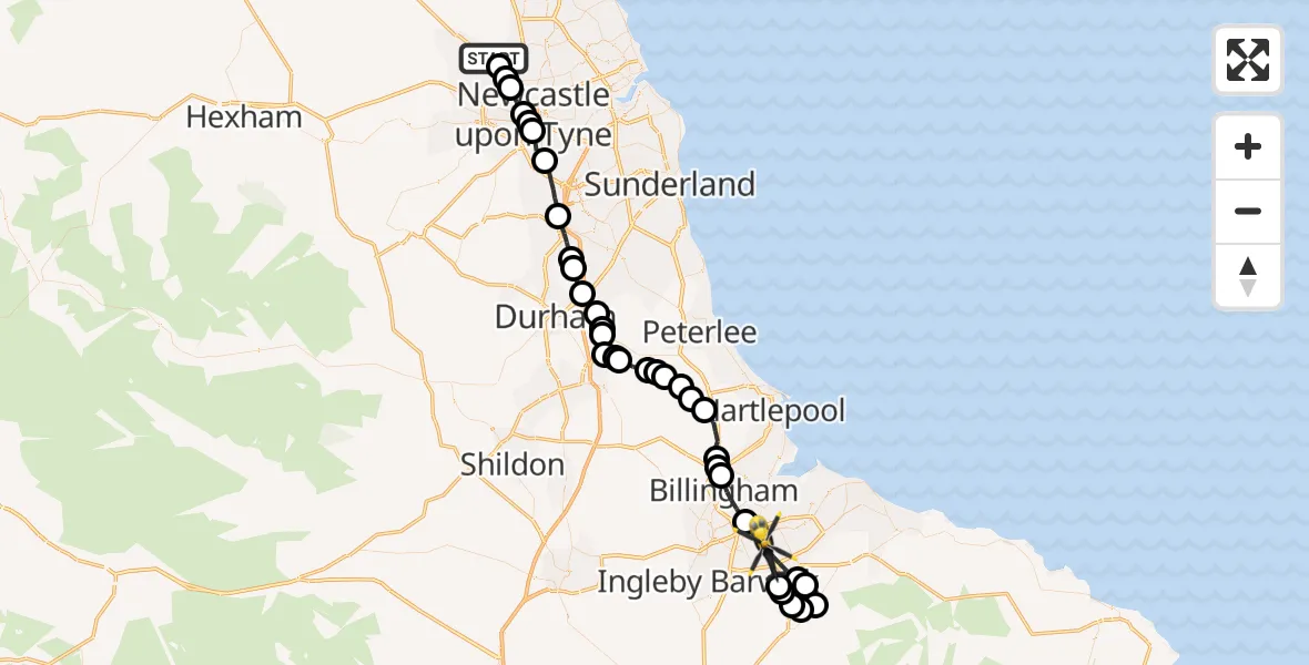 Flight route Police Helicopter Woolsington - Middlesbrough, 21 June 2026, 09:53