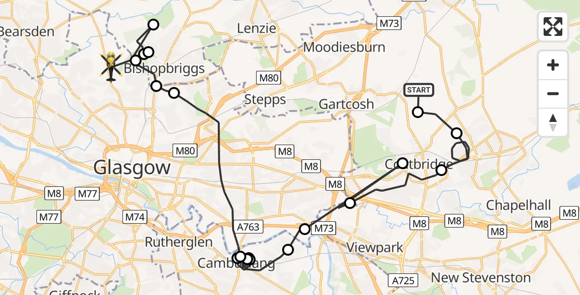 Flight route Police Helicopter Glenboig - Glasgow, 21 June 2026, 10:05