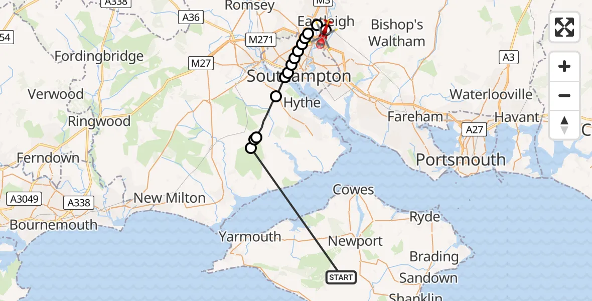 Flight route Air Ambulance Helicopter Chillerton and Gatcombe - Southampton Airport, 21 June 2026, 10:11