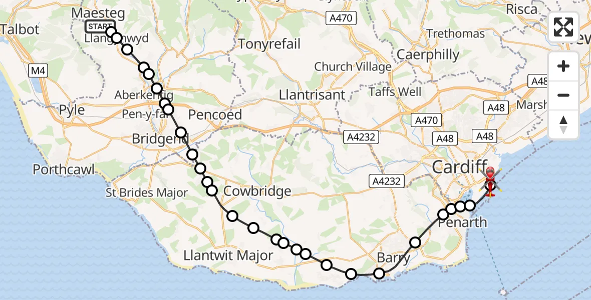 Flight route Air Ambulance Helicopter Maesteg - Cardiff Heliport, 21 June 2026, 10:17
