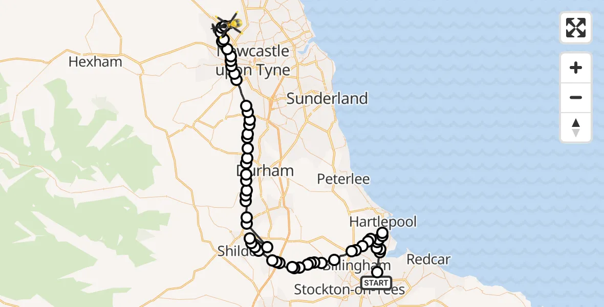Flight route Police Helicopter Middlesbrough - Newcastle International Airport, 21 June 2026, 10:19
