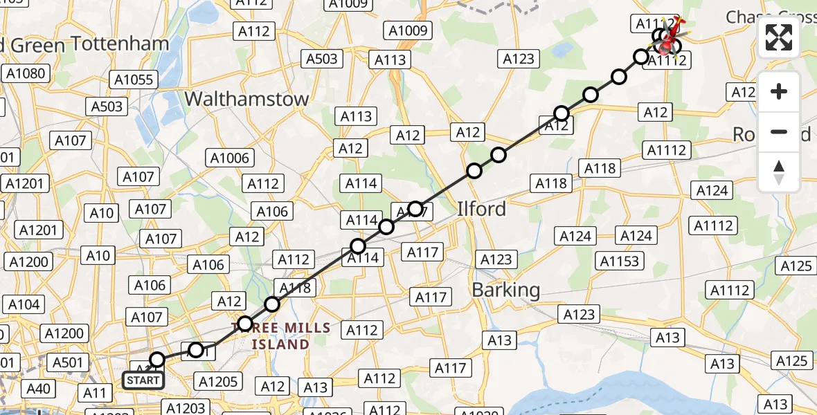Flight route Air Ambulance Helicopter Royal London Hospital - Redbridge, 21 June 2026, 10:20