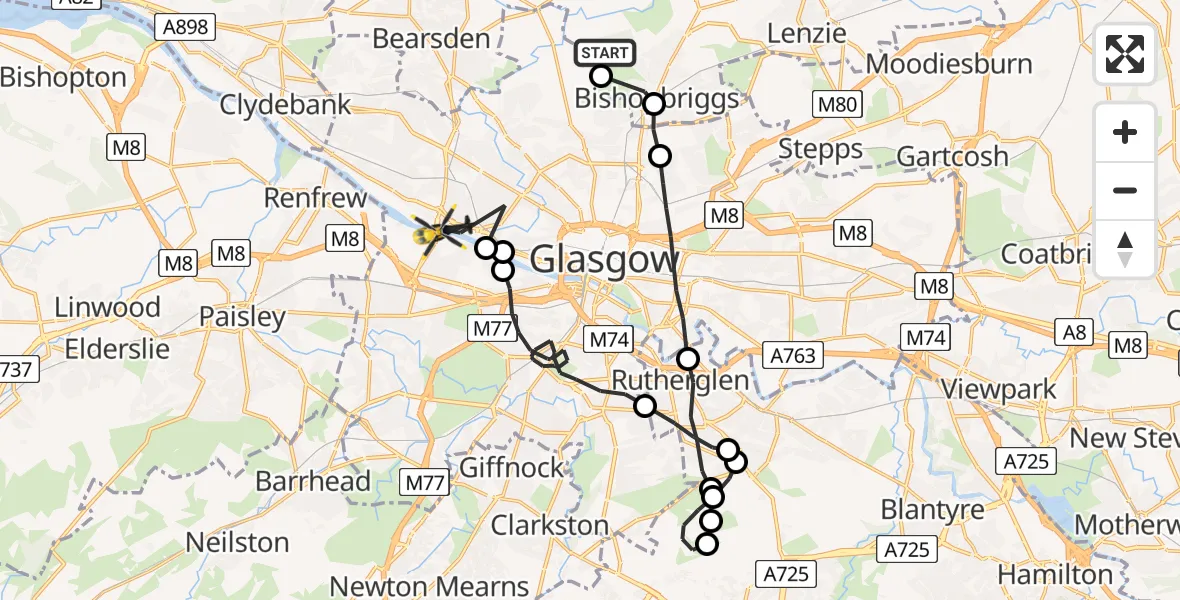 Flight route Police Helicopter Bishopbriggs - Glasgow, 21 June 2026, 10:24