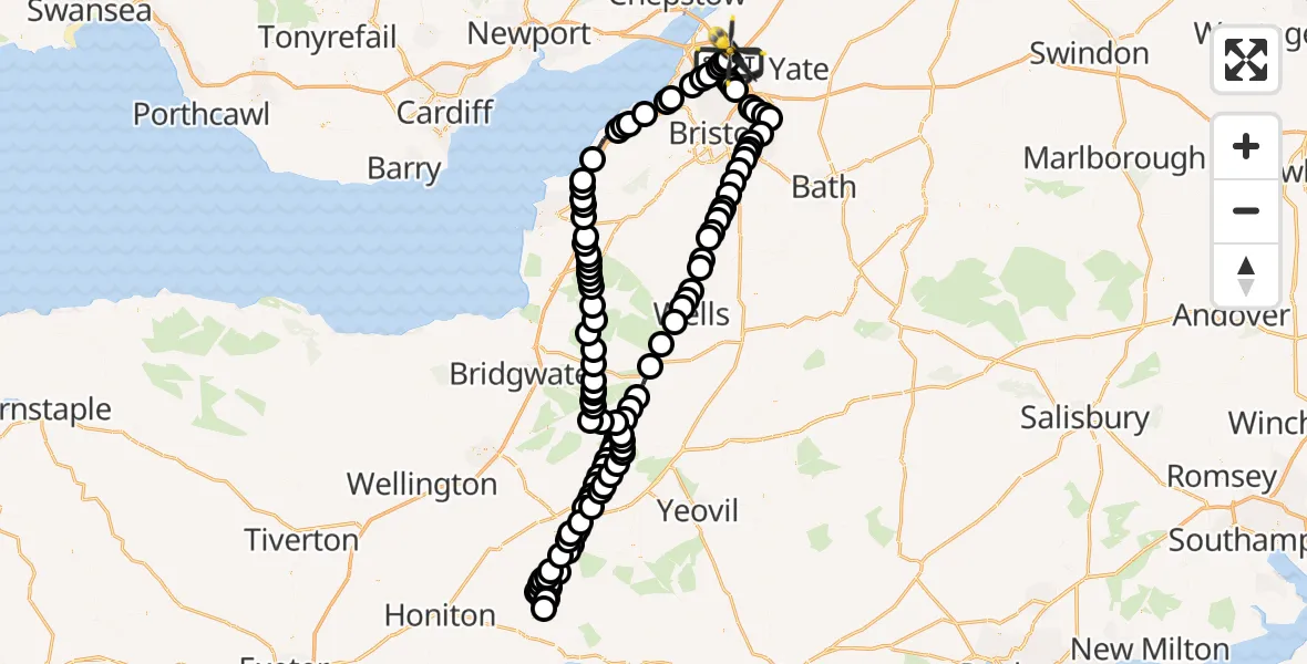 Flight route Police Helicopter Almondsbury Helicopter Base - Hortham, 21 June 2026, 10:27