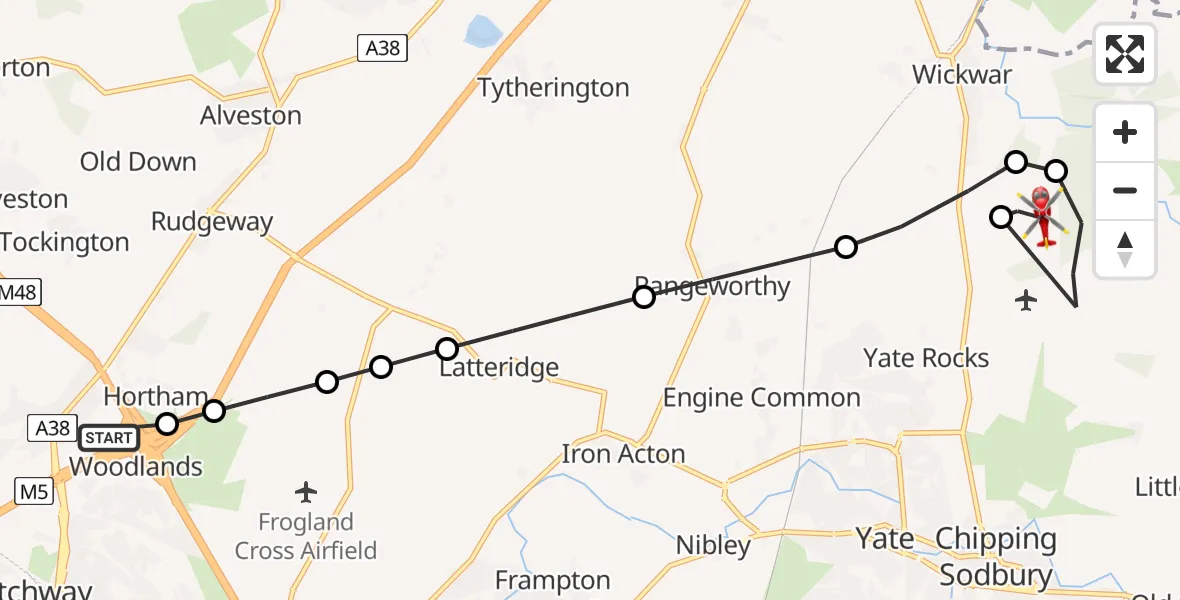 Flight route Air Ambulance Helicopter Almondsbury Helicopter Base - Horton, 21 June 2026, 10:34