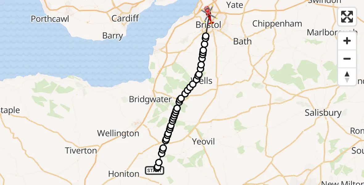 Flight route Air Ambulance Helicopter Tytherleigh - Bristol, 21 June 2026, 10:35