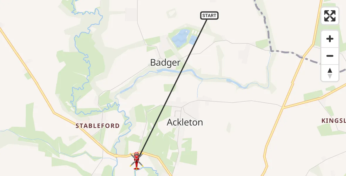 Flight route Air Ambulance Helicopter Badger - Ackleton, 21 June 2026, 10:42