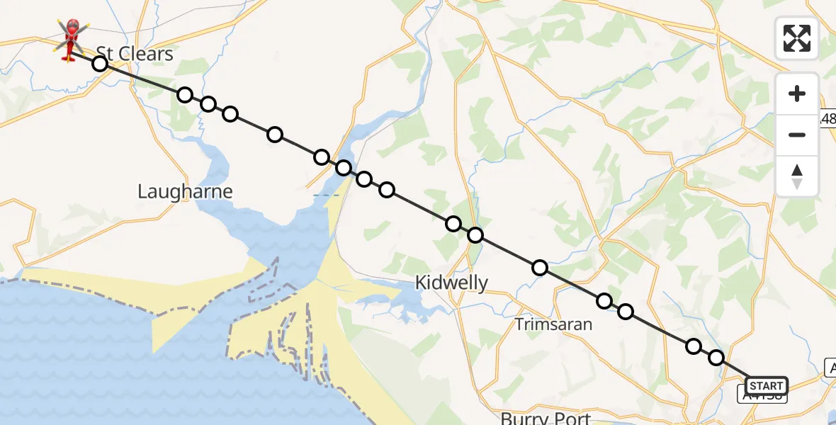 Flight route Air Ambulance Helicopter Dafen - Pwll-trap, 21 June 2026, 11:13