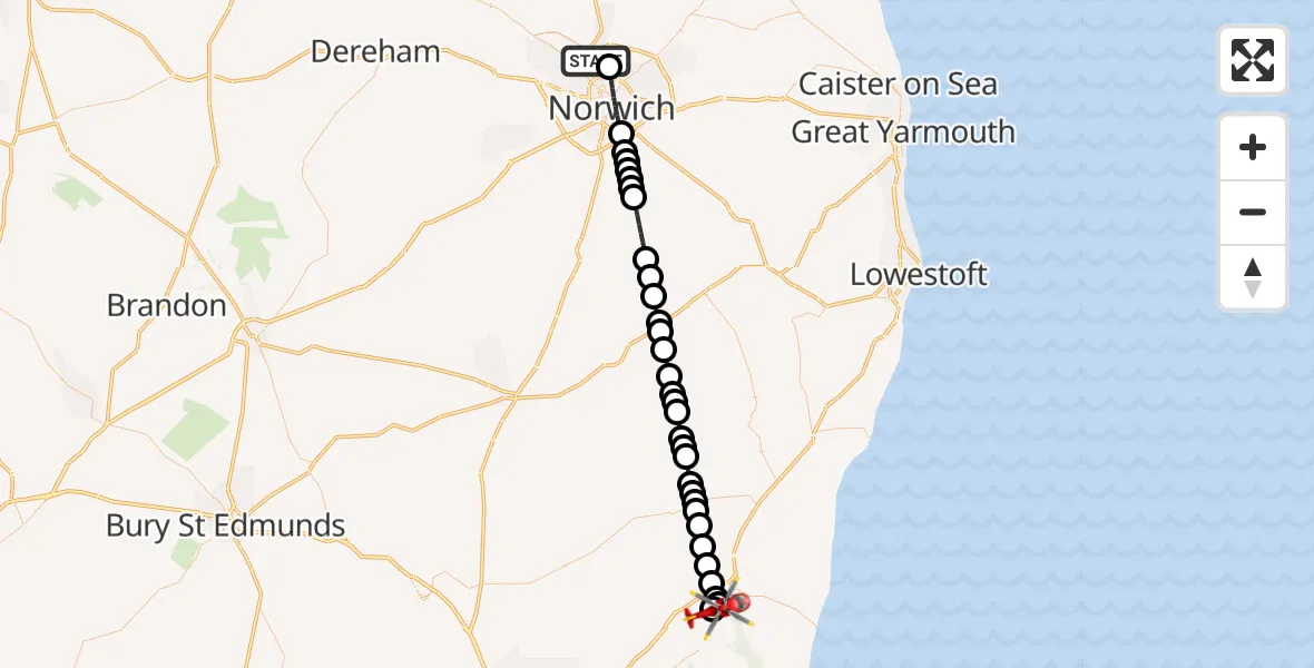 Flight route Air Ambulance Helicopter Norwich Airport - Blaxhall, 21 June 2026, 11:18