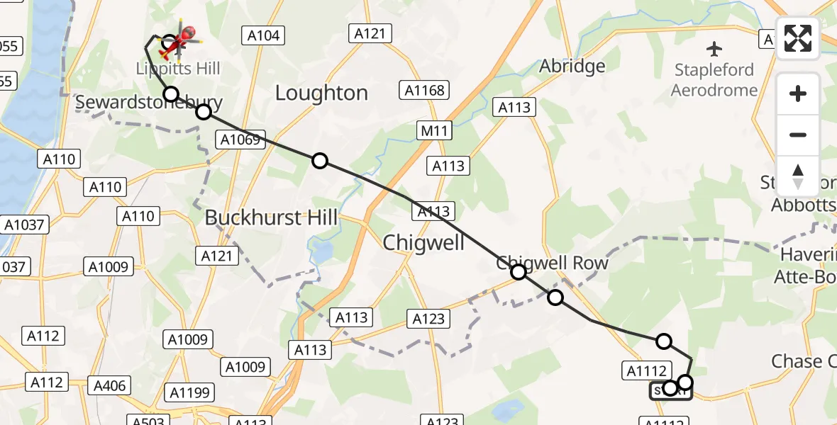 Flight route Air Ambulance Helicopter Redbridge - Metropolitan Police Air Support Unit Lippitts Hill, 21 June 2026, 11:20