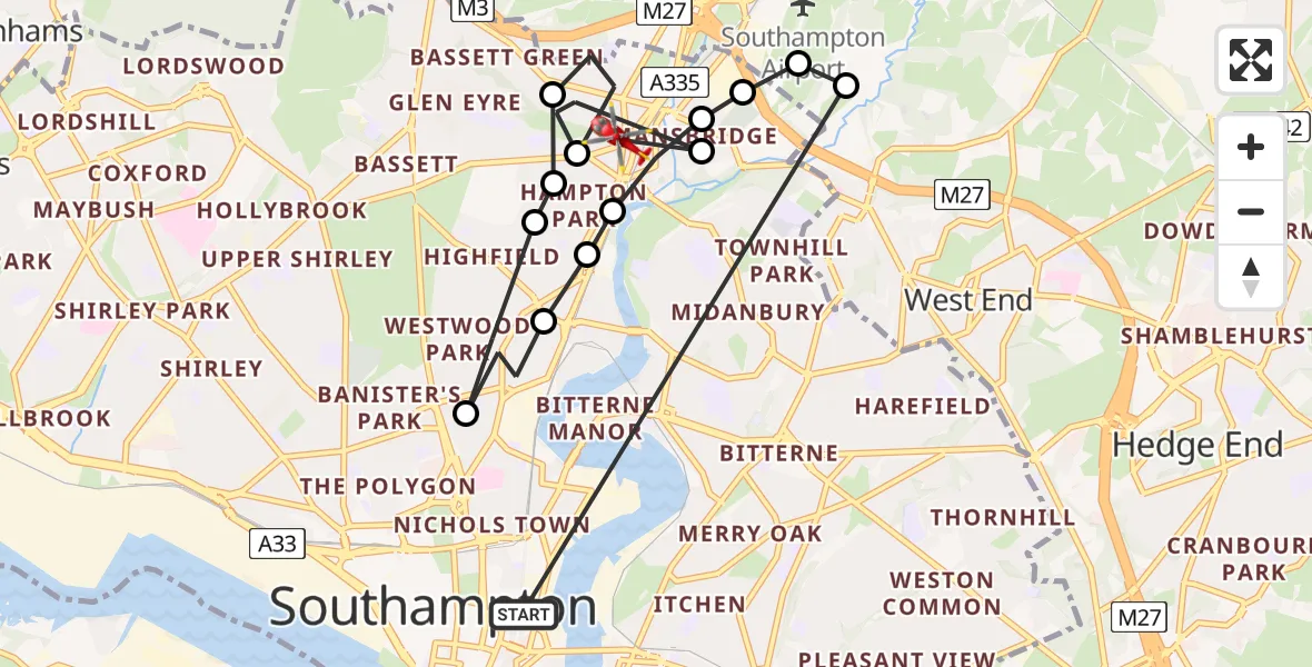 Flight route Air Ambulance Helicopter St Mary's - Swaythling, 21 June 2026, 11:21