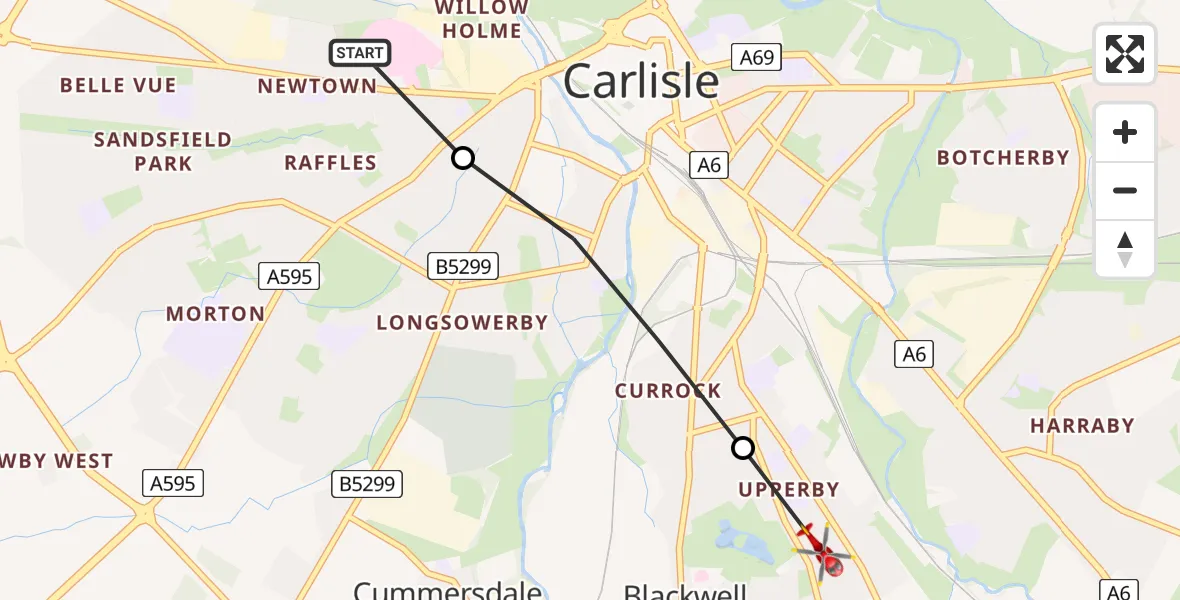 Flight route Air Ambulance Helicopter Carlisle General - Blackwell, 21 June 2026, 11:25