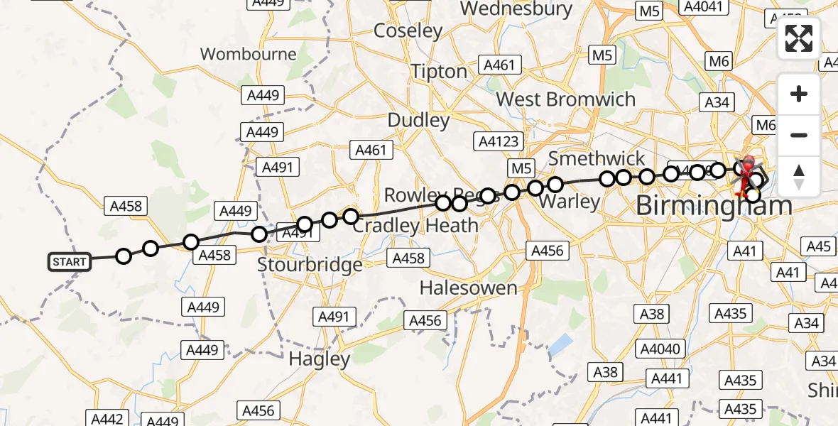 Flight route Air Ambulance Helicopter South Staffordshire - Saltley, 21 June 2026, 11:27