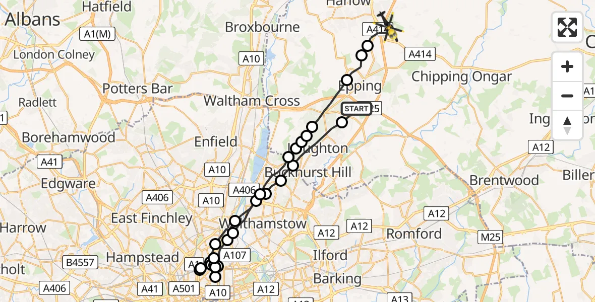 Flight route Police Helicopter Theydon Bois - North Weald Bassett, 21 June 2026, 11:30