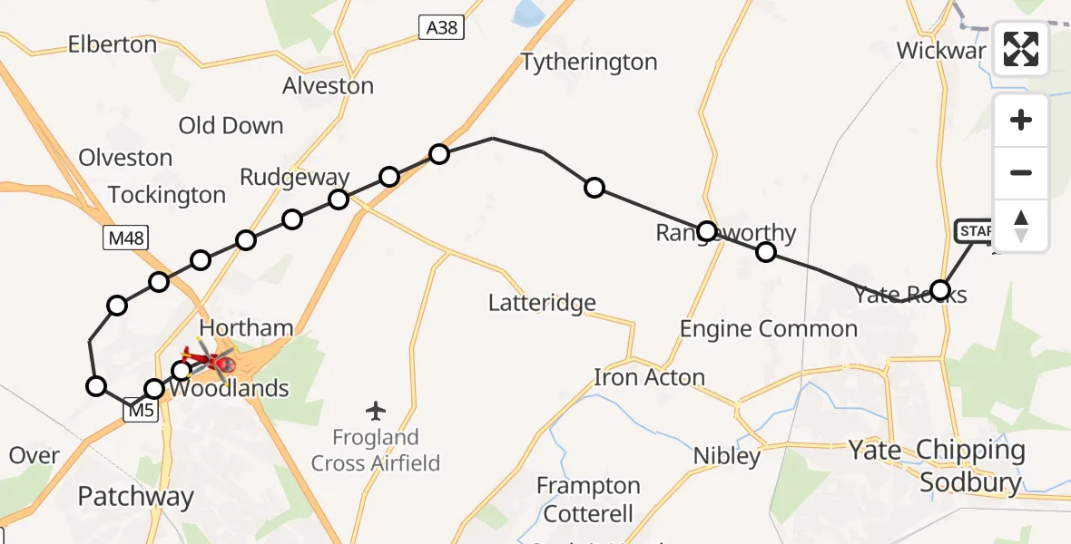 Flight route Air Ambulance Helicopter Chase Farm Airstrip - Almondsbury Helicopter Base, 21 June 2026, 11:34
