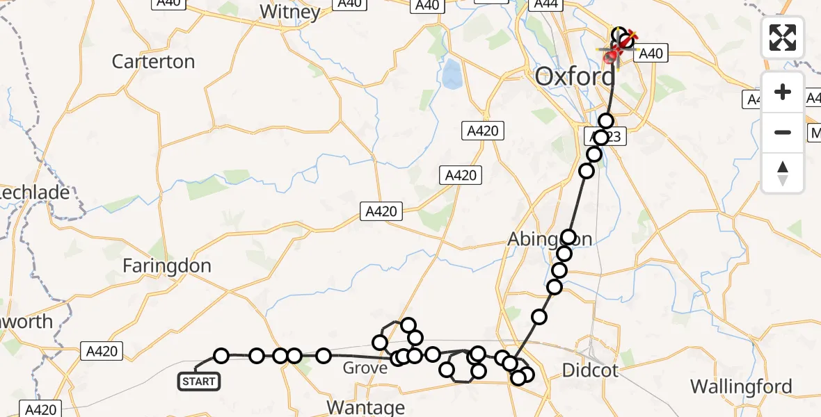 Flight route Air Ambulance Helicopter Uffington - Oxford, 21 June 2026, 11:42