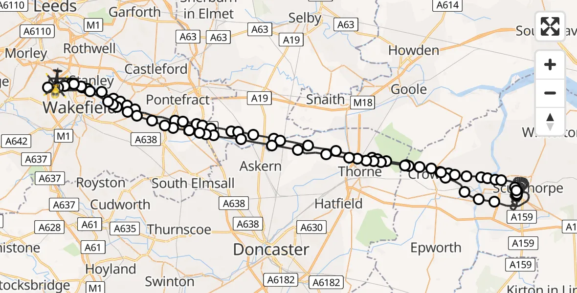 Flight route Police Helicopter Wrenthorpe - East Ardsley, 21 June 2026, 11:42