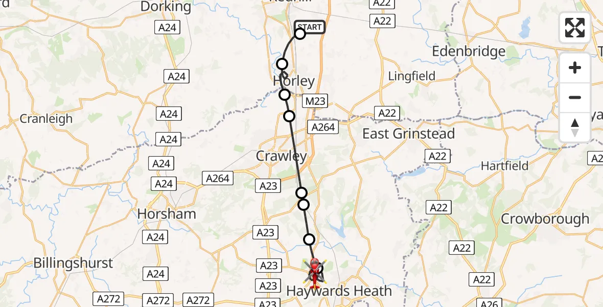Flight route Air Ambulance Helicopter Redhill Aerodrome - Cuckfield, 21 June 2026, 11:43
