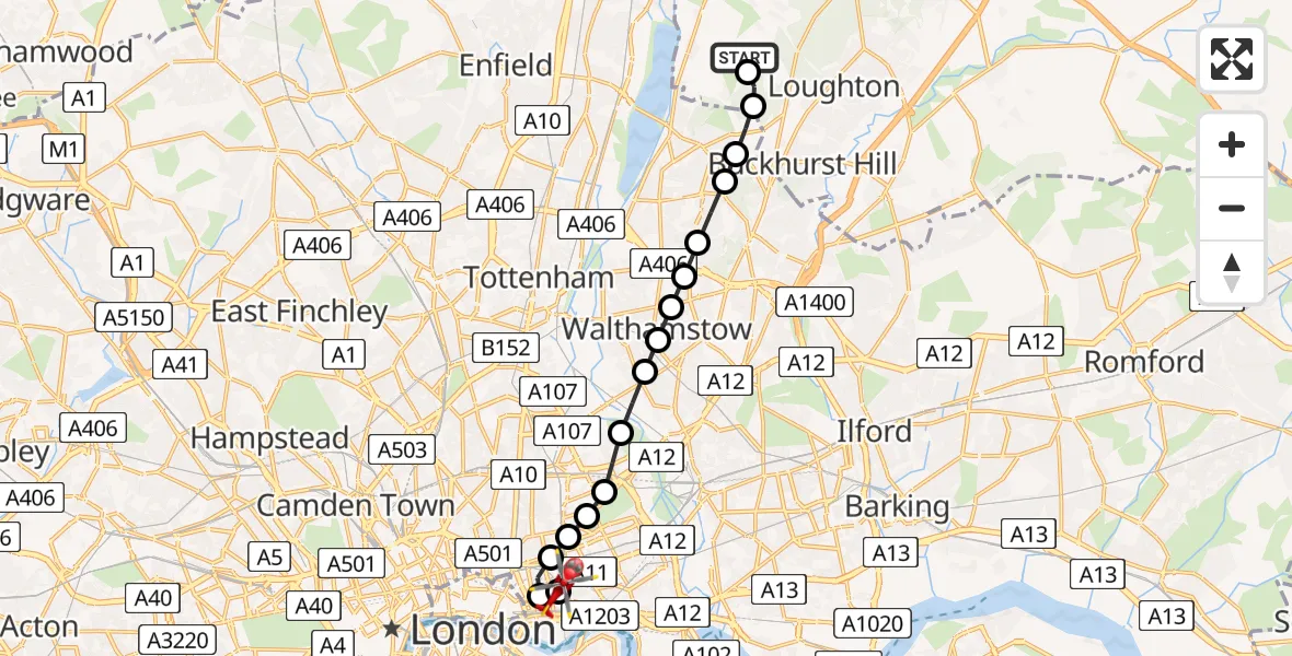 Flight route Air Ambulance Helicopter Metropolitan Police Air Support Unit Lippitts Hill - Royal London Hospital, 21 June 2026, 11:47