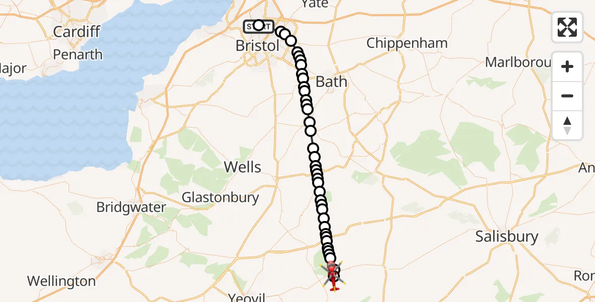Flight route Air Ambulance Helicopter Southmead Hospital - Henstridge Airfield, 21 June 2026, 12:03