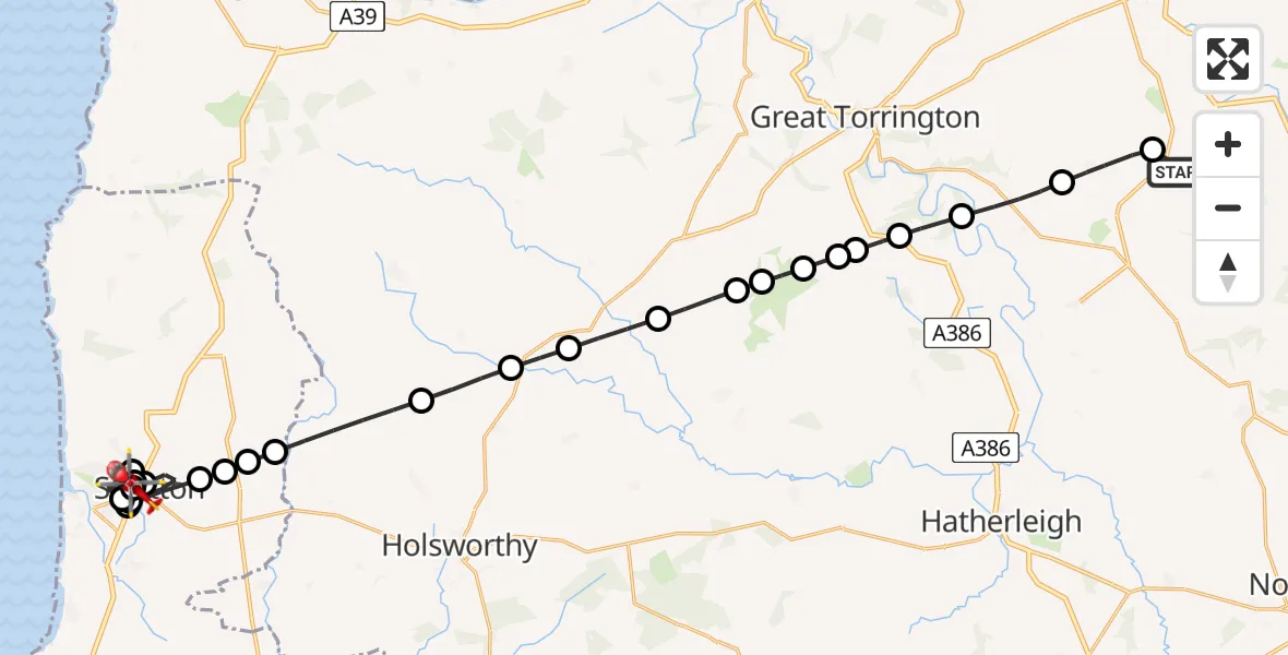 Flight route Air Ambulance Helicopter North Devon - Stratton, 21 June 2026, 12:13