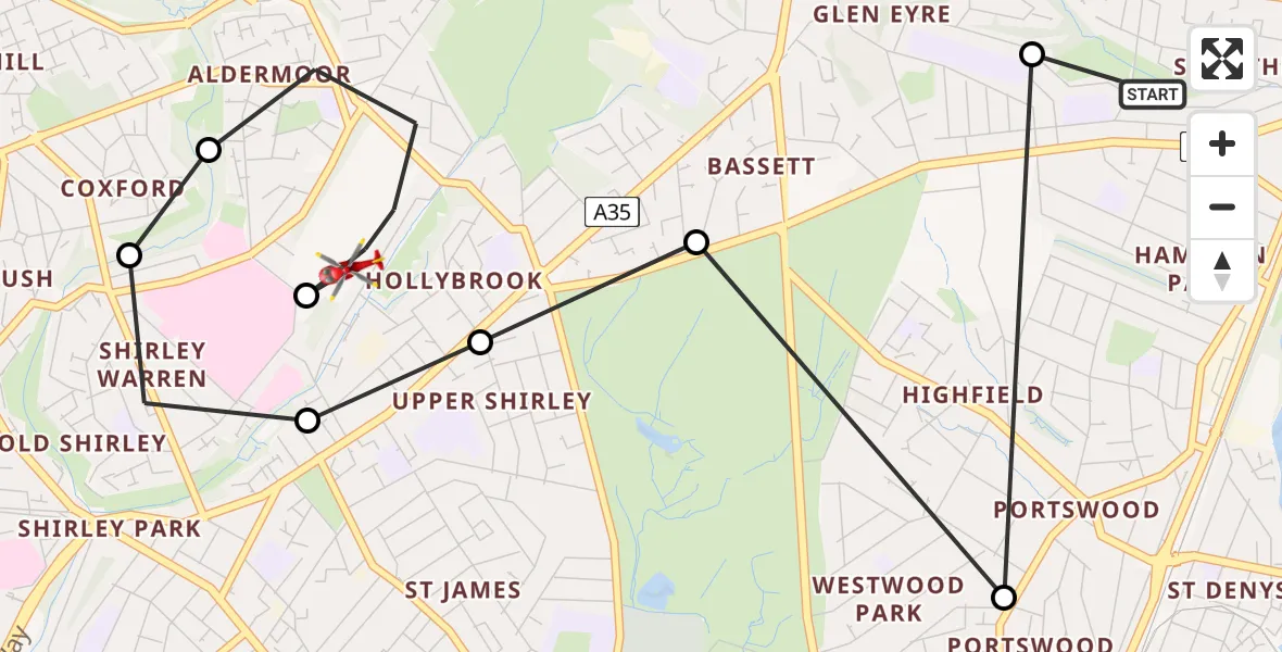 Flight route Air Ambulance Helicopter Swaythling - Hollybrook, 21 June 2026, 12:17