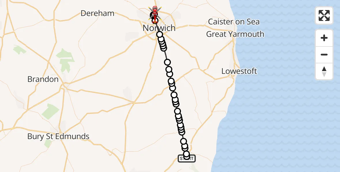 Flight route Air Ambulance Helicopter Blaxhall - Norwich Airport, 21 June 2026, 12:23