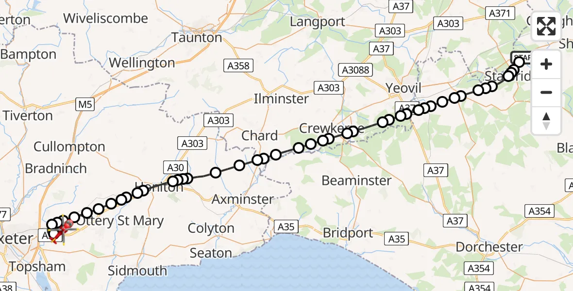 Flight route Air Ambulance Helicopter Henstridge Airfield - Exeter International Airport, 21 June 2026, 12:23