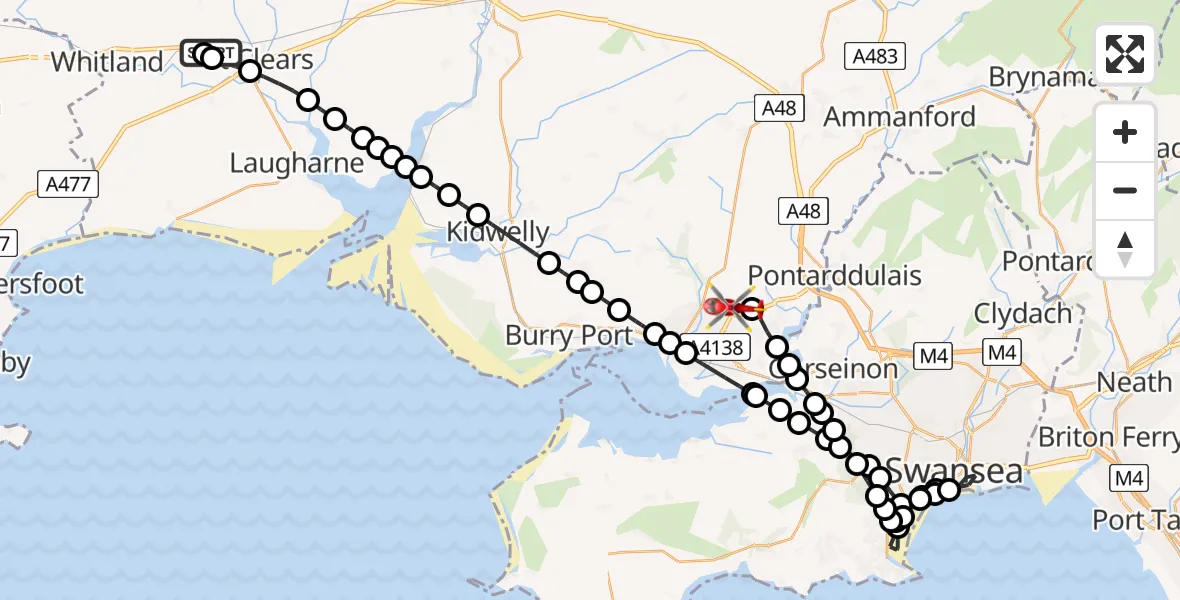 Flight route Air Ambulance Helicopter Pwll-trap - Dafen, 21 June 2026, 12:27